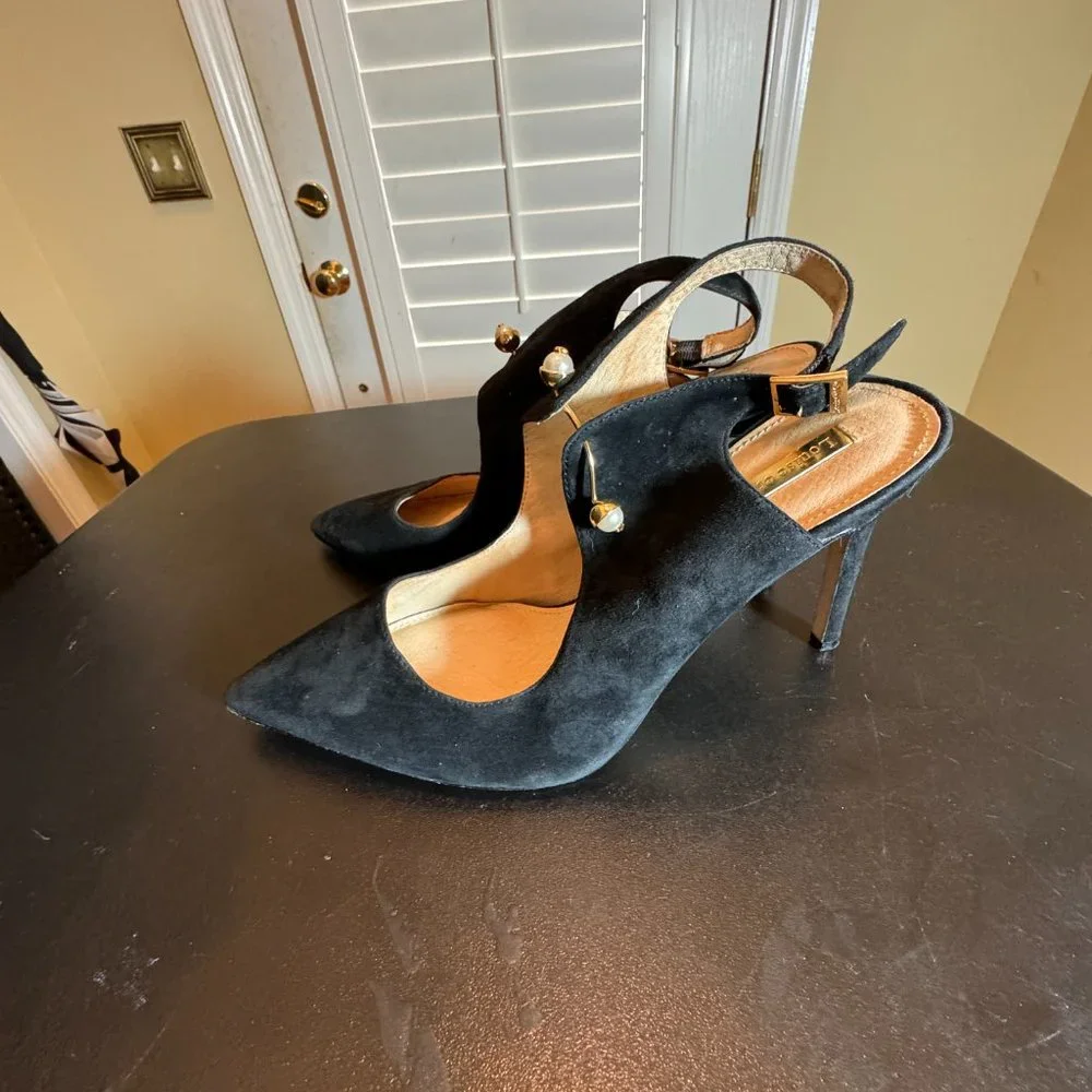 Louise Et Cie size 10 black suede sling back pumps with pearl details